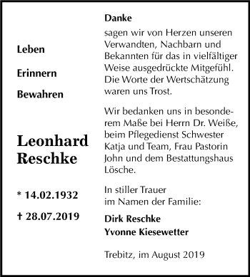 Traueranzeige von Leonhard Reschke von Mitteldeutsche Zeitung Wittenberg