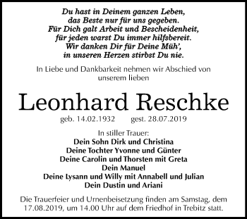 Traueranzeige von Leonhard Reschke von Mitteldeutsche Zeitung Wittenberg