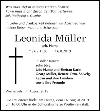 Traueranzeige von Leonida Müller von Mitteldeutsche Zeitung Weißenfels