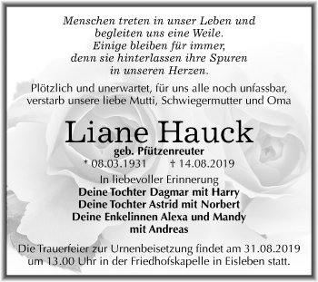 Traueranzeige von Liane Hauck von Wochenspiegel Mansfelder Land