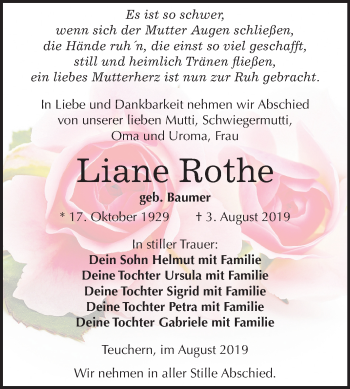 Traueranzeige von Liane Rothe von Wochenspiegel Weißenfels