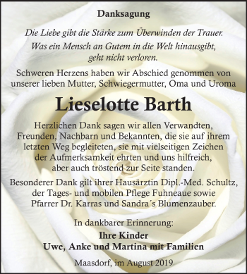 Traueranzeige von Lieselotte Barth von Super Sonntag Köthen