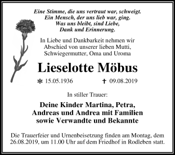 Traueranzeige von Lieselotte Möbus von Super Sonntag Dessau-Roßlau