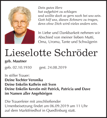 Traueranzeige von Lieselotte Schröder von Super Sonntag Quedlinburg