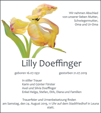 Traueranzeige von Lilly Doeffinger von Mitteldeutsche Zeitung Merseburg/Querfurt