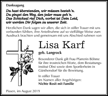 Traueranzeige von Lisa Karf von Mitteldeutsche Zeitung Merseburg/Querfurt