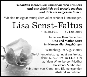 Traueranzeige von Lisa Senst-Faltus von Super Sonntag Wittenberg