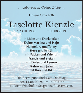 Traueranzeige von Liselotte Kienzle von Mitteldeutsche Zeitung Wittenberg