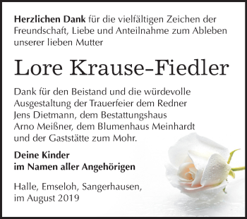 Traueranzeige von Lore Krause-Fiedler von Mitteldeutsche Zeitung Sangerhausen