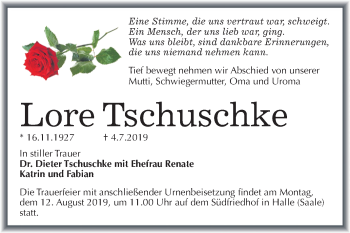 Traueranzeige von Lore Tschuschke von Mitteldeutsche Zeitung Halle/Saalkreis