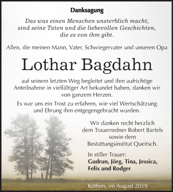 Traueranzeige von Lothar Bagdahn von Super Sonntag Köthen