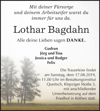 Traueranzeige von Lothar Bagdahn von Mitteldeutsche Zeitung Köthen