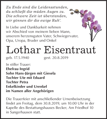 Traueranzeige von Lothar Eisentraut von Mitteldeutsche Zeitung Sangerhausen