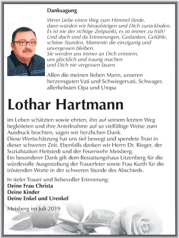 Traueranzeige von Lothar Hartmann von Mitteldeutsche Zeitung Mansfelder Land