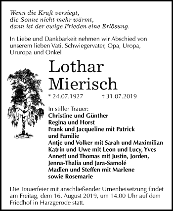 Traueranzeige von Lothar Mierisch von Mitteldeutsche Zeitung Quedlinburg