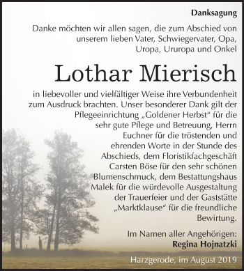 Traueranzeige von Lothar Mierisch von Wochenspiegel Quedlinburg