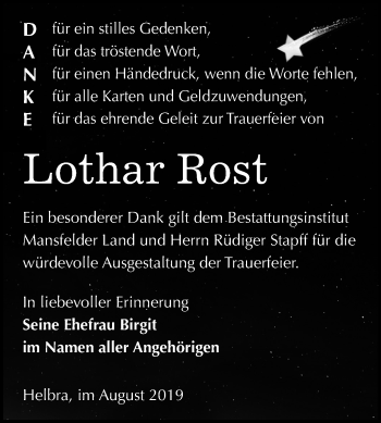 Traueranzeige von Lothar Rost von Super Sonntag Mansfelder Land