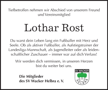 Traueranzeige von Lothar Rost von Mitteldeutsche Zeitung Mansfelder Land