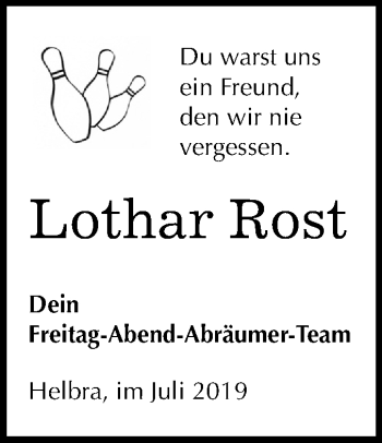 Traueranzeige von Lothar Rost von Mitteldeutsche Zeitung Mansfelder Land
