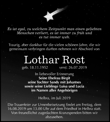 Traueranzeige von Lothar Rost von Super Sonntag Mansfelder Land