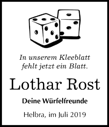 Traueranzeige von Lothar Rost von Mitteldeutsche Zeitung Mansfelder Land