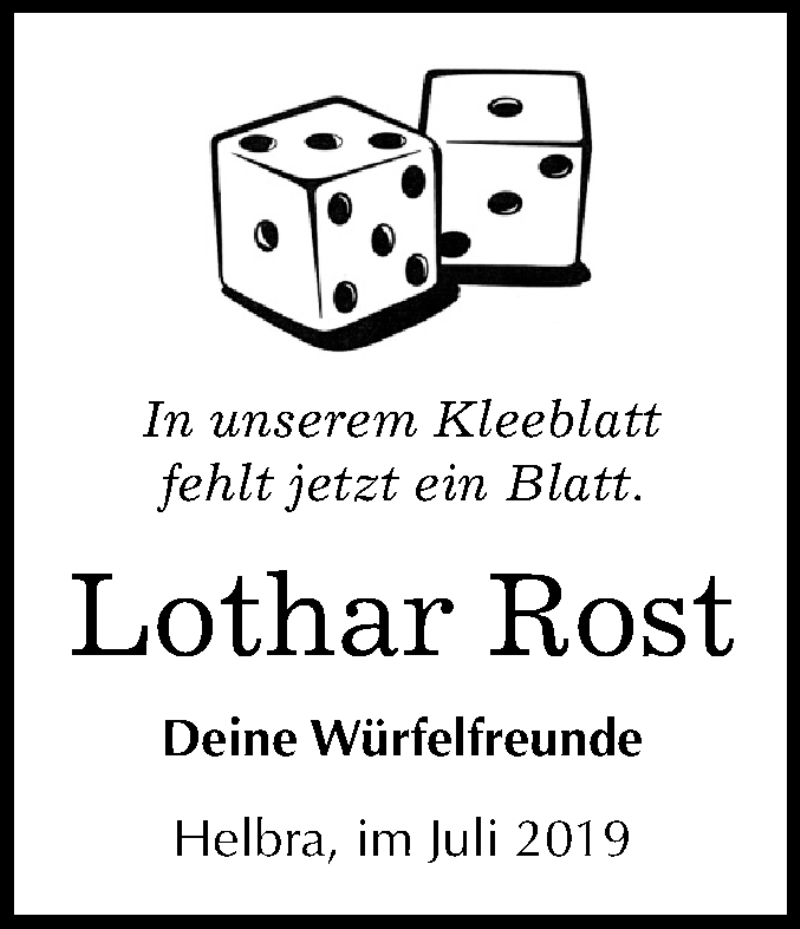 Traueranzeige für Lothar Rost vom 03.08.2019 aus Mitteldeutsche Zeitung Mansfelder Land