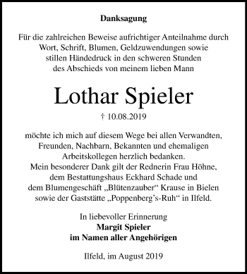 Traueranzeige von Lothar Spieler von Mitteldeutsche Zeitung Sangerhausen