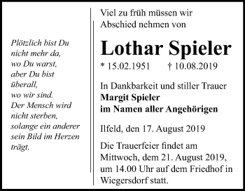 Traueranzeige von Lothar Spieler von Mitteldeutsche Zeitung Sangerhausen