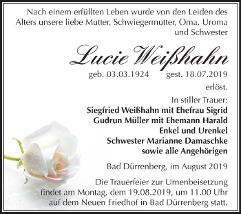 Traueranzeige von Lucie Weißhahn von Super Sonntag Merseburg/Querfurt