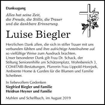 Traueranzeige von Luise Biegler von Mitteldeutsche Zeitung Zeitz