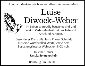 Traueranzeige von Luise Diwock-Weber von Super Sonntag Bernburg