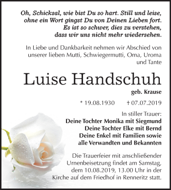 Traueranzeige von Luise Handschuh von Mitteldeutsche Zeitung Bitterfeld
