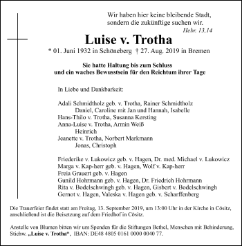 Traueranzeige von Luise v. Trotha von Mitteldeutsche Zeitung Bitterfeld / Köthen