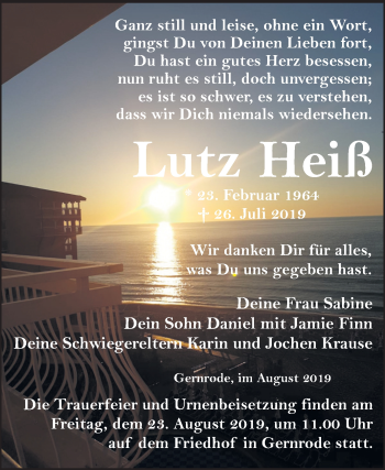 Traueranzeige von Lutz Heiß von Super Sonntag Quedlinburg