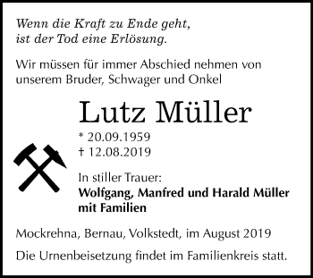 Traueranzeige von Lutz Müller von Wochenspiegel Mansfelder Land