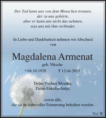 Traueranzeige von Magdalena Armenat von Wochenspiegel Weißenfels
