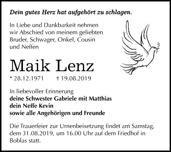 Traueranzeige von Maik Lenz von Wochenspiegel Naumburg/Nebra