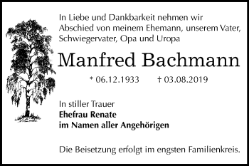 Traueranzeige von Manfred Bachmann von Mitteldeutsche Zeitung Bernburg