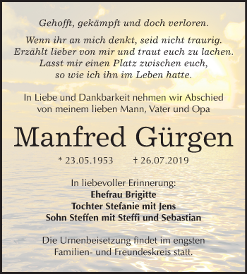 Traueranzeige von Manfred Gürgen von Mitteldeutsche Zeitung Halle/Saalkreis