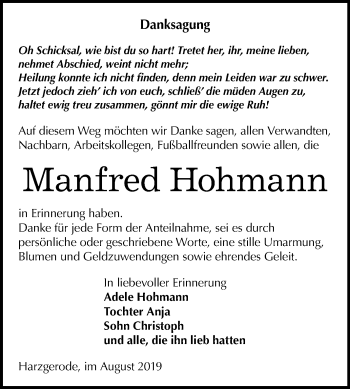 Traueranzeige von Manfred Hohmann von Super Sonntag Quedlinburg