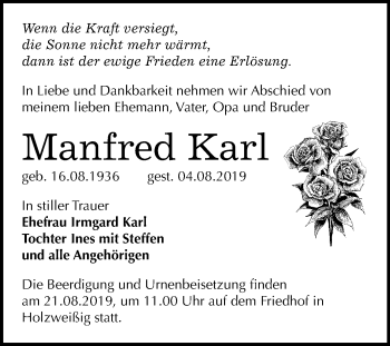 Traueranzeige von Manfred Karl von Wochenspiegel Bitterfeld