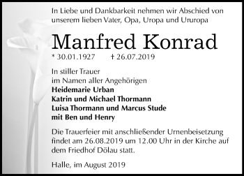 Traueranzeige von Manfred Konrad von Mitteldeutsche Zeitung Halle/Saalkreis