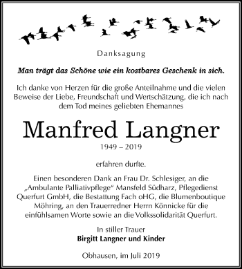 Traueranzeige von Manfred Langner von Wochenspiegel Merseburg/Querfurt