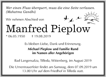 Traueranzeige von Manfred Pieplow von Mitteldeutsche Zeitung Sangerhausen