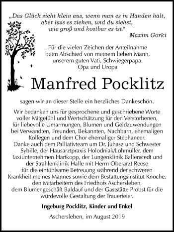 Traueranzeige von Manfred Pocklitz von Mitteldeutsche Zeitung Aschersleben