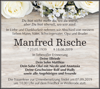 Traueranzeige von Manfred Rische von Mitteldeutsche Zeitung Mansfelder Land