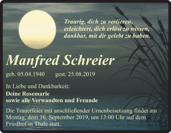 Traueranzeige von Manfred Schreier von Mitteldeutsche Zeitung Quedlinburg