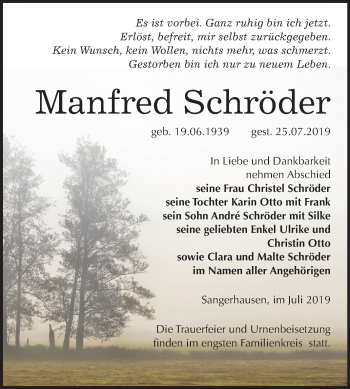 Traueranzeige von Manfred Schröder von Super Sonntag Sangerhausen
