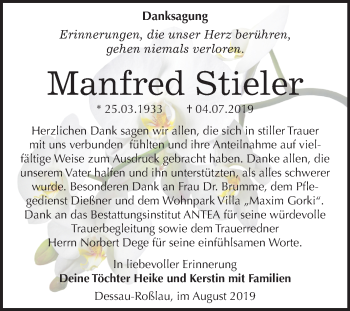 Traueranzeige von Manfred Stieler von Super Sonntag Dessau-Roßlau