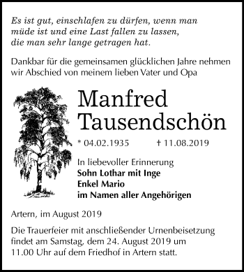 Traueranzeige von Manfred Tausendschön von Super Sonntag Sangerhausen